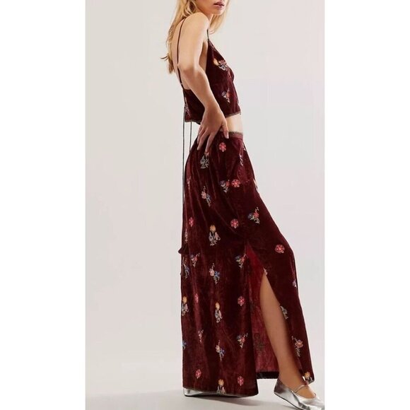 Free People Sz M Sonja Skirt Tank Set Maxi Brown Velvet Floral Boho Festival New - Picture 4 of 10